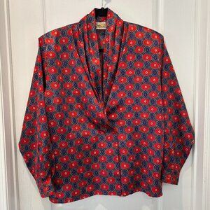 Vintage Lady Manhattan Red and Blue Patterned Blouse Siz S